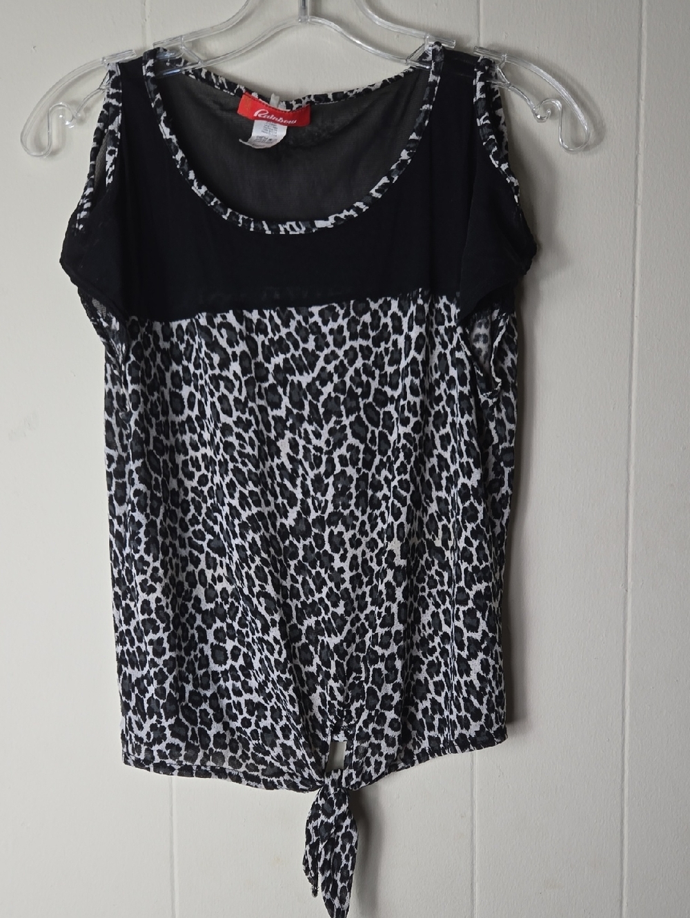 Rainbow Black & White Leopard Tie-Front Cold Shoulder Tank